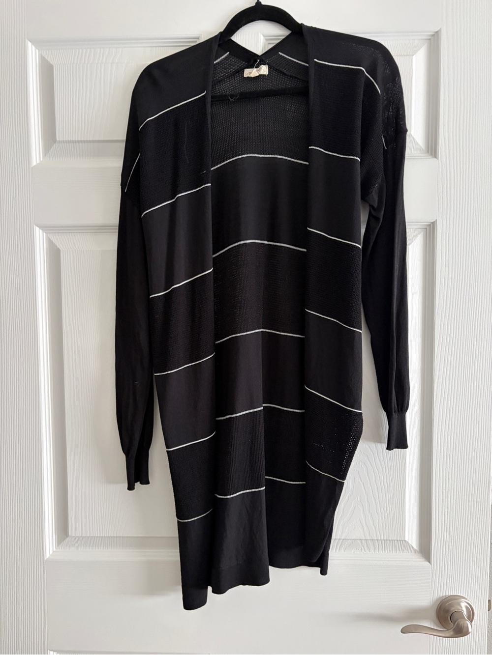 Mystree Black Open-Front Cardigan with Thin White Stripes